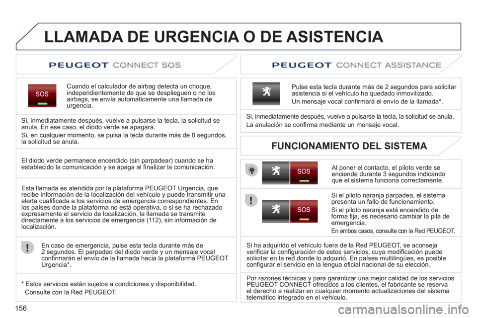 Peugeot 207 CC 2011.5 Manual del propietario (in Spanish) 156
LLAMADA DE URGENCIA O DE ASISTENCIA
Cuando el calculador de airbag detecta un choque,independientemente de que se desplieguen o no los airbags, se envía automáticamente una llamada deurgencia Peugeot 207 CC 2011.5 Manual del propietario (in Spanish) 156
LLAMADA DE URGENCIA O DE ASISTENCIA
Cuando el calculador de airbag detecta un choque,independientemente de que se desplieguen o no los airbags, se envía automáticamente una llamada deurgencia