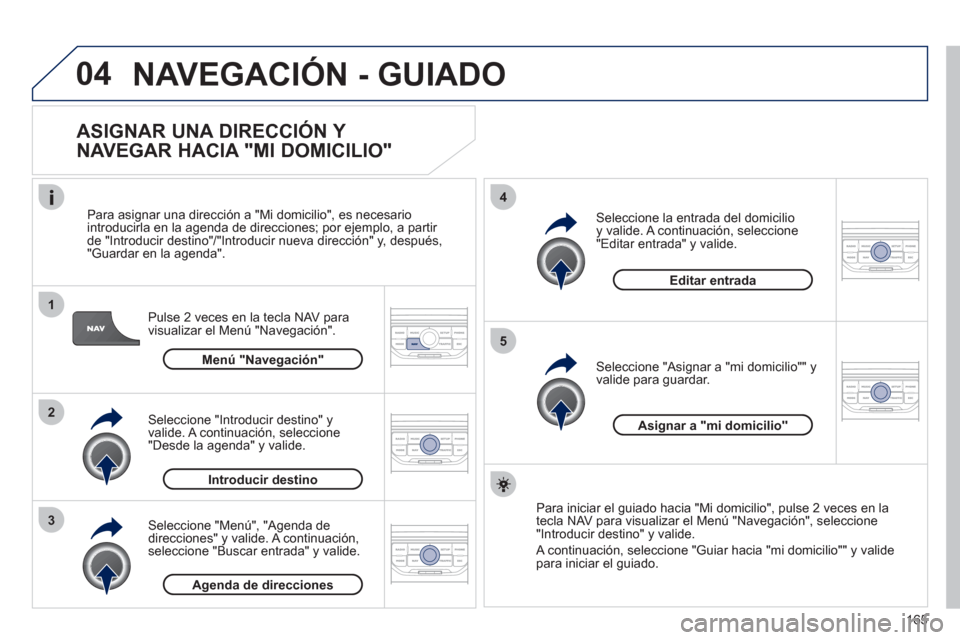 Peugeot 207 CC 2011.5 Manual del propietario (in Spanish) 165
04
1
2
3
5
4
NAVEGACIÓN - GUIADO
ASIGNAR UNA DIRECCIÓN Y
NAVEGAR HACIA "MI DOMICILIO"
Pulse 2 veces en la tecla NAV para
visualizar el Menú "Navegación".
Para asi
gnar una direcci Peugeot 207 CC 2011.5 Manual del propietario (in Spanish) 165
04
1
2
3
5
4
NAVEGACIÓN - GUIADO
ASIGNAR UNA DIRECCIÓN Y
NAVEGAR HACIA "MI DOMICILIO"
Pulse 2 veces en la tecla NAV para
visualizar el Menú "Navegación".
Para asi
gnar una direcci