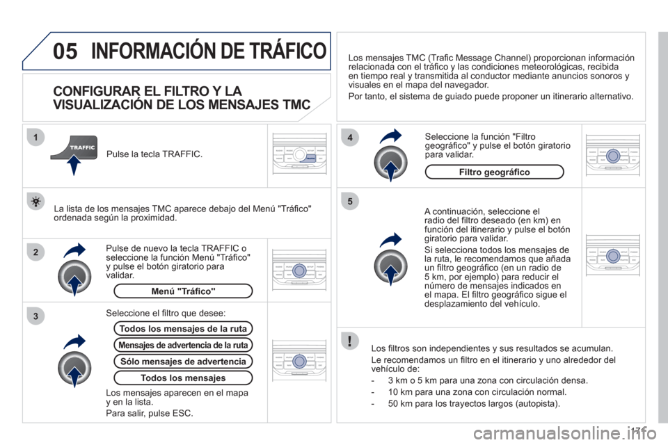 Peugeot 207 CC 2011.5 Manual del propietario (in Spanish) 171
05
2 1
3
4
5
INFORMACIÓN DE TRÁFICO
CONFIGURAR EL FILTRO Y LA
VISUALIZACIÓN DE LOS MENSAJES TMC
A continuación, seleccione elradio del fi ltro deseado (en km) en fun Peugeot 207 CC 2011.5 Manual del propietario (in Spanish) 171
05
2 1
3
4
5
INFORMACIÓN DE TRÁFICO
CONFIGURAR EL FILTRO Y LA
VISUALIZACIÓN DE LOS MENSAJES TMC
A continuación, seleccione elradio del fi ltro deseado (en km) en fun