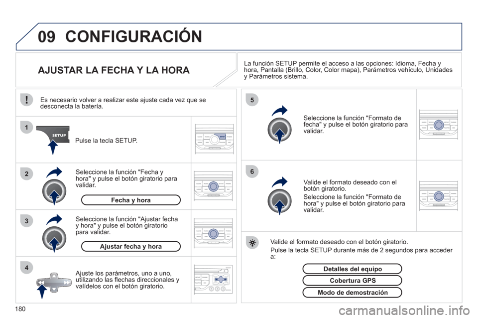 Peugeot 207 CC 2011.5 Manual del propietario (in Spanish) 180
09
4 3 2 1
65
CONFIGURACIÓN
AJUSTAR LA FECHA Y LA HORA La función SETUP permite el acceso a las opciones: Idioma, Fecha y
hora, Pantalla (Brillo, Color, Color ma Peugeot 207 CC 2011.5 Manual del propietario (in Spanish) 180
09
4 3 2 1
65
CONFIGURACIÓN
AJUSTAR LA FECHA Y LA HORA La función SETUP permite el acceso a las opciones: Idioma, Fecha y
hora, Pantalla (Brillo, Color, Color ma