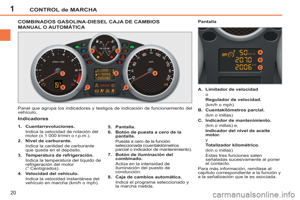 Peugeot 207 CC 2011.5  Manual del propietario (in Spanish) 1CONTROL de MARCHA
20
COMBINADOS GASOLINA-DIESEL CAJA DE CAMBIOS 
MANUAL O AUTOMÁTICA 
  Panel que agrupa los indicadores y testigos de indicación de funcionamiento del 
vehículo. 
   
5. 
  Pantal