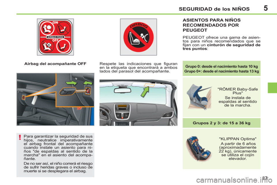 Peugeot 207 CC 2011.5  Manual del propietario (in Spanish) 5
!
SEGURIDAD de los NIÑOS
87
   
 
Airbag del acompañante OFF  
 
ASIENTOS PARA NIÑOS
RECOMENDADOS POR 
PEUGEOT 
 
PEUGEOT ofrece una gama de asien-
tos para niños recomendados que se 
ﬁ jan co