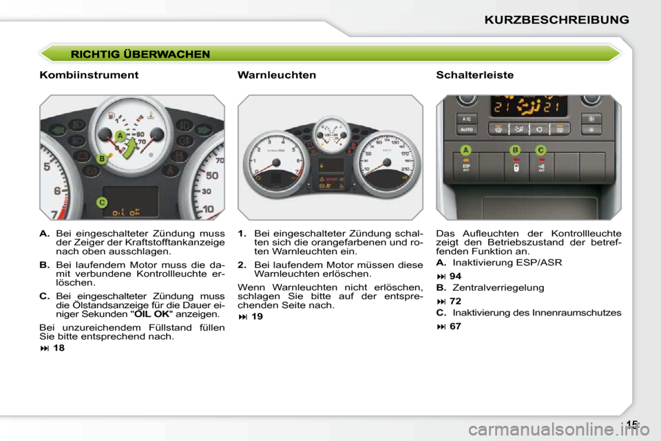 Peugeot 207 CC 2010  Betriebsanleitung (in German) KURZBESCHREIBUNG
  Kombiinstrument   Schalterleiste 
  
A.    Bei  eingeschalteter  Zündung  muss 
der Zeiger der Kraftstofftankanzeige  
�n�a�c�h� �o�b�e�n� �a�u�s�s�c�h�l�a�g�e�n�.� 
  
B.    Bei  