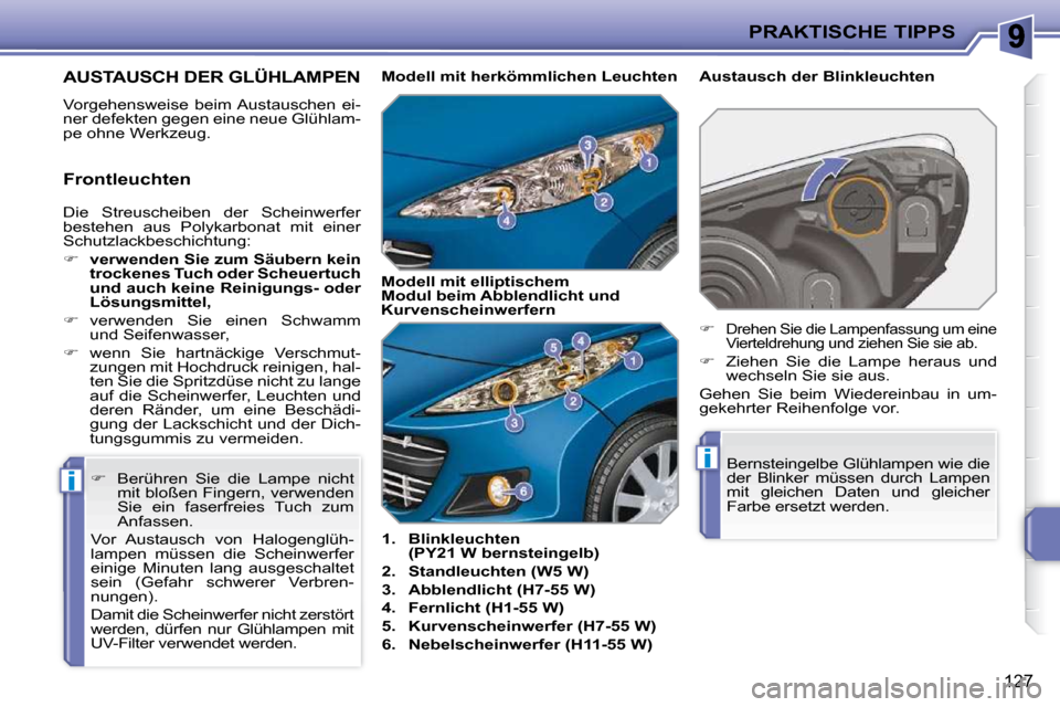 Peugeot 207 CC 2010 Betriebsanleitung (in German) i
i
PRAKTISCHE TIPPS
127
AUSTAUSCH DER GLÜHLAMPEN
Vorgehensweise beim Austauschen ei-
ner defekten gegen eine neue Glühlam-
pe ohne Werkzeug.
1. Blinkleuchten
(PY21 W bernsteingelb)
Peugeot 207 CC 2010 Betriebsanleitung (in German) i
i
PRAKTISCHE TIPPS
127
AUSTAUSCH DER GLÜHLAMPEN
Vorgehensweise beim Austauschen ei-
ner defekten gegen eine neue Glühlam-
pe ohne Werkzeug.
1. Blinkleuchten
(PY21 W bernsteingelb)
