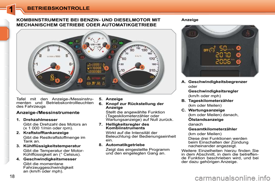 Peugeot 207 CC 2010  Betriebsanleitung (in German) BETRIEBSKONTROLLE
18
KOMBIINSTRUMENTE BEI BENZIN- UND DIESELMOTOR MIT 
MECHANISCHEM GETRIEBE ODER AUTOMATIKGETRIEBE 
 Tafel  mit  den  Anzeige-/Messinstru- 
menten  und  Betriebskontrollleuchten 
des 