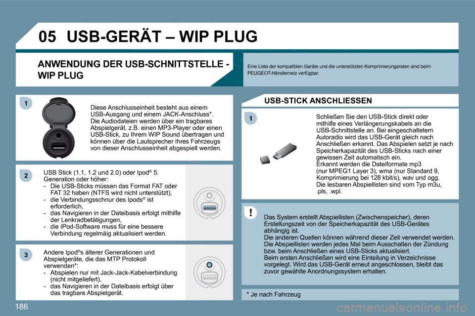 Peugeot 207 CC 2010  Betriebsanleitung (in German) 186
�1
�0�5
�1�1
�2�2
�3�3
  Das System erstellt Abspiellisten (Zwischenspeicher), deren Erstellungszeit von der Speicherkapazität des USB-G erätes abhängig ist.  Die anderen Quellen können währe