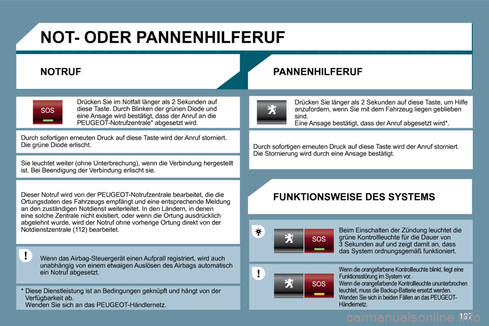 Peugeot 207 CC 2010  Betriebsanleitung (in German) 197
�N�O�T�-� �O�D�E�R� �P�A�N�N�E�N�H�I�L�F�E�R�U�F� 
� � �N�O�T�R�U�F� � � �P�A�N�N�E�N�H�I�L�F�E�R�U�F� 
� � �F�U�N�K�T�I�O�N�S�W�E�I�S�E� �D�E�S� �S�Y�S�T�E�M�S� 
  Drücken Sie im Notfall länger