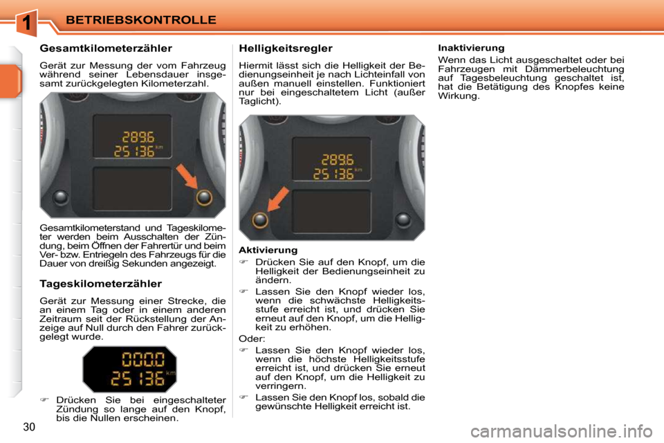 Peugeot 207 CC 2010  Betriebsanleitung (in German) BETRIEBSKONTROLLE
30
             Gesamtkilometerzähler  
 Gerät  zur  Messung  der  vom  Fahrzeug  
während  seiner  Lebensdauer  insge-
samt zurückgelegten Kilometerzahl.           Helligkeitsre