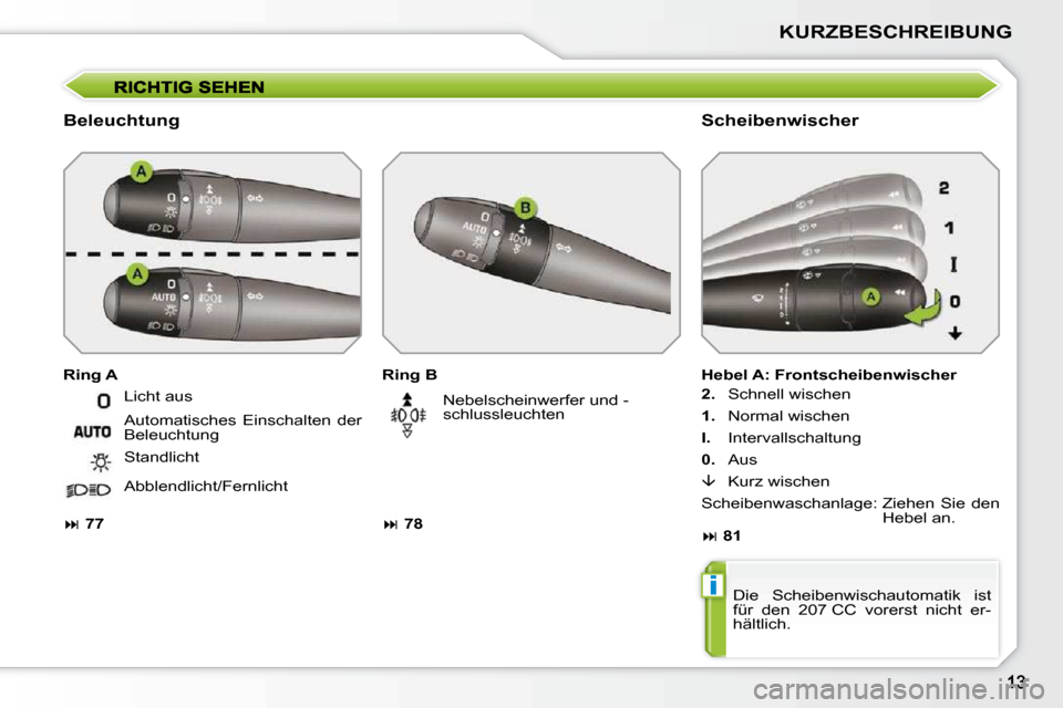 Peugeot 207 CC 2010  Betriebsanleitung (in German) i
KURZBESCHREIBUNG
  Beleuchtung   Scheibenwischer 
  Ring B  
   
�   78      Nebelscheinwerfer und - 
schlussleuchten 
  Ring A 
� � �H�e�b�e�l� �A�:� �F�r�o�n�t�s�c�h�e�i�b�e�n�w�i�s�c�h�e�r�  
