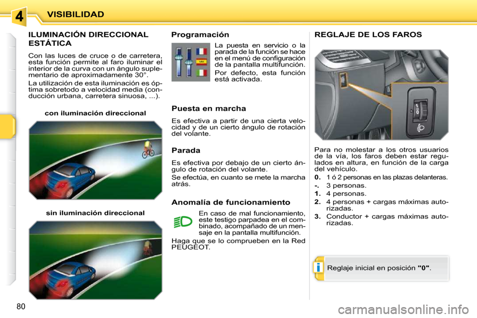 Peugeot 207 CC 2010  Manual del propietario (in Spanish) i
VISIBILIDAD
80
ILUMINACIÓN DIRECCIONAL 
ESTÁTICA 
 Con  las  luces  de  cruce  o  de  carretera,  
esta  función  permite  al  faro  iluminar  el 
interior de la curva con un ángulo suple-
menta