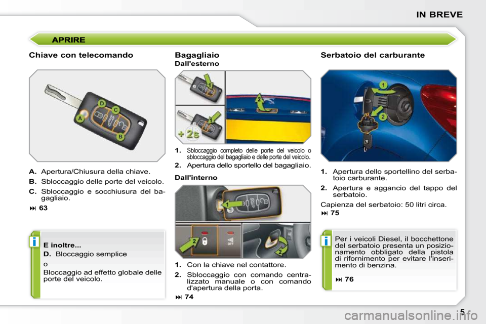 Peugeot 207 CC 2010  Manuale del proprietario (in Italian) ii
IN BREVE
  Chiave con telecomando  
  
A. � �  �A�p�e�r�t�u�r�a�/�C�h�i�u�s�u�r�a� �d�e�l�l�a� �c�h�i�a�v�e�.� 
  
B. � �  �S�b�l�o�c�c�a�g�g�i�o� �d�e�l�l�e� �p�o�r�t�e� �d�e�l� �v�e�i�c�o�l�o�.� 