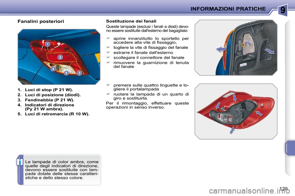 Peugeot 207 CC 2010  Manuale del proprietario (in Italian) i
INFORMAZIONI PRATICHE
129
                                  Fanalini posteriori 
   
1.     Luci di stop (P 21 W).   
  
2.     Luci di posizione (diodi).   
  
3.     Fendinebbia (P 21 W).   
  
4.