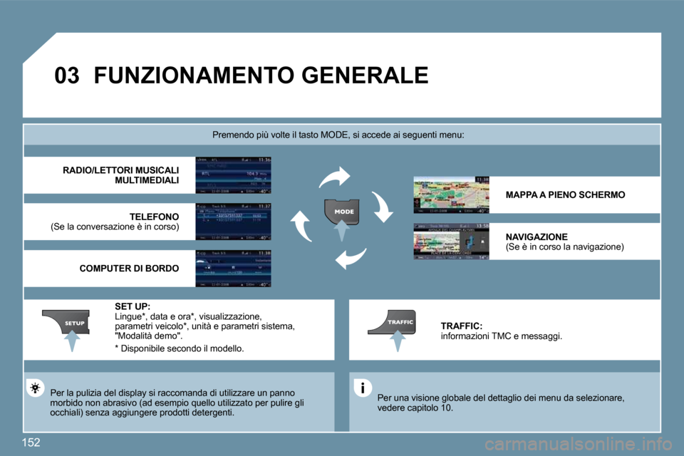 Peugeot 207 CC 2010  Manuale del proprietario (in Italian) 152
�0�3� �F�U�N�Z�I�O�N�A�M�E�N�T�O� �G�E�N�E�R�A�L�E� 
  Per una visione globale del dettaglio dei menu da selezionare, vedere capitolo 10.   
Premendo più volte il tasto MODE, si accede ai segu en