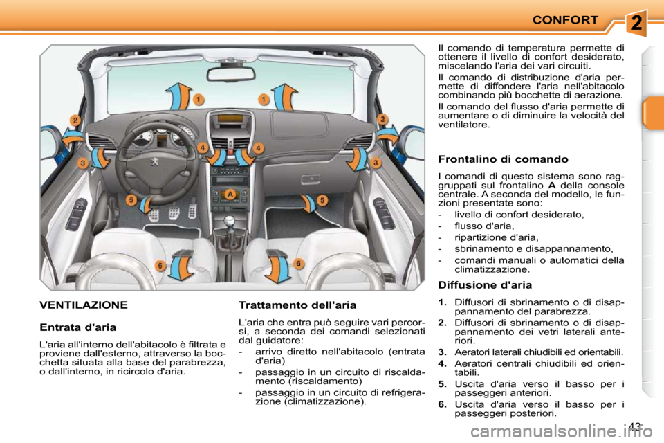 Peugeot 207 CC 2010  Manuale del proprietario (in Italian) CONFORT
43
VENTILAZIONE   Trattamento dellaria  
 Laria che entra può seguire vari percor- 
si,  a  seconda  dei  comandi  selezionati 
dal guidatore:  
   -   arrivo  diretto  nellabitacolo  (ent