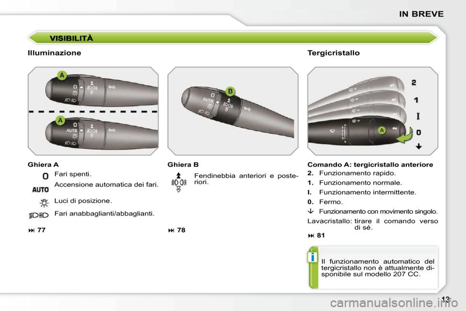 Peugeot 207 CC 2010  Manuale del proprietario (in Italian) i
IN BREVE
  Illuminazione   Tergicristallo 
  Ghiera B  
   
�   78     � �F�e�n�d�i�n�e�b�b�i�a�  �a�n�t�e�r�i�o�r�i�  �e�  �p�o�s�t�e�- 
�r�i�o�r�i�.� 
  Ghiera A 
  Comando A: tergicristallo an