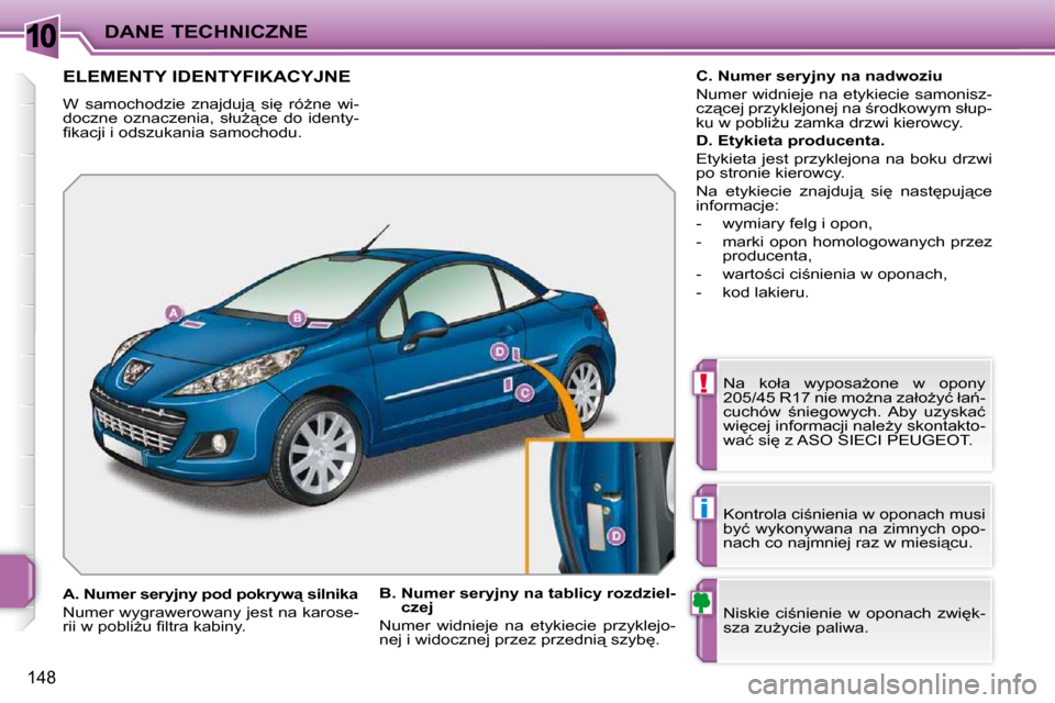 Peugeot 207 CC 2010  Instrukcja Obsługi (in Polish) 10
!
i
DANE TECHNICZNE
148
             ELEMENTY IDENTYFIKACYJNE 
� �W�  �s�a�m�o�c�h�o�d�z�i�e�  �z�n�a�j�d�u�j"�  �s�i
�  �r�óG�n�e�  �w�i�- 
�d�o�c�z�n�e�  �o�z�n�a�c�z�e�n�i�a�,�  �s�ł�uG"�
