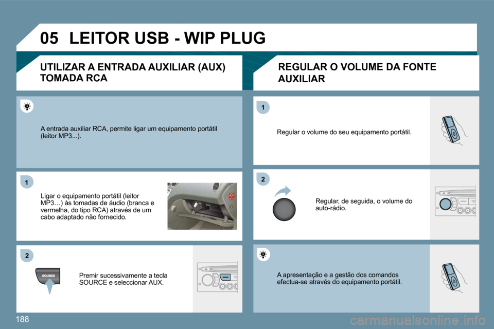 Peugeot 207 CC 2010  Manual do proprietário (in Portuguese) 188
�0�5
�1�1
�2�2
�2�2
�1�1
� �A� �a�p�r�e�s�e�n�t�a�ç�ã�o� �e� �a� �g�e�s�t�ã�o� �d�o�s� �c�o�m�a�n�d�o�s� �e�f�e�c�t�u�a�-�s�e� �a�t�r�a�v�é�s� �d�o� �e�q�u�i�p�a�m�e�n�t�o� �p�o�r�t�á�t�i�l�.
