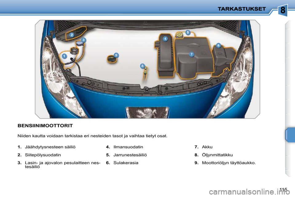 Peugeot 207 CC 2010  Omistajan käsikirja (in Finnish) 115
BENSIINIMOOTTORIT 
 Niiden kautta voidaan tarkistaa eri nesteiden tasot ja vaihtaa tietyt osat. 
   
1.    Jäähdytysnesteen säiliö 
  
2.    Siitepölysuodatin 
  
3.    Lasin- ja ajovalon pes