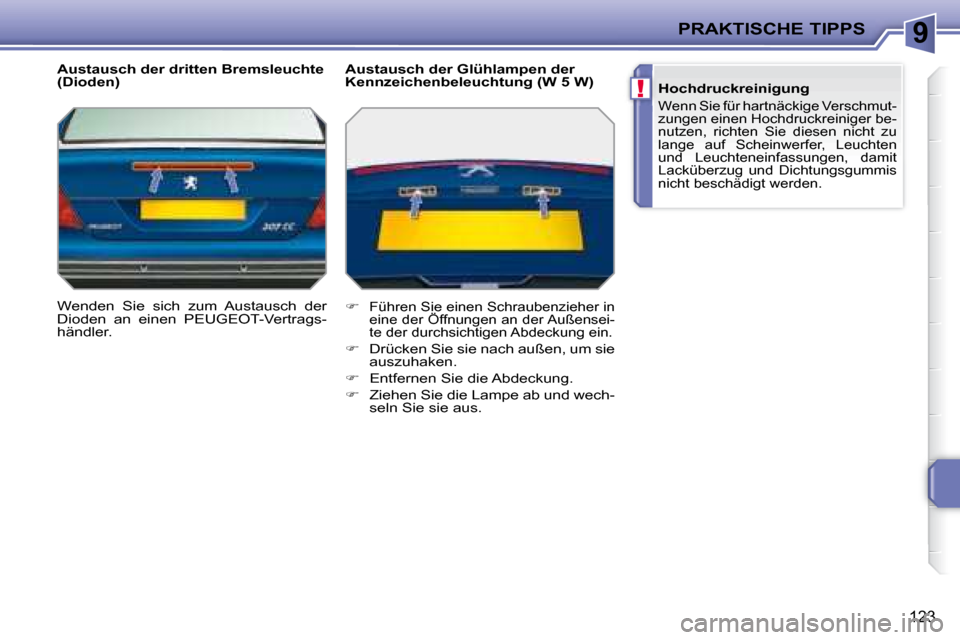 Peugeot 207 CC 2007.5  Betriebsanleitung (in German) 9
!
PRAKTISCHE TIPPS
123
  Austausch der dritten Bremsleuchte  
(Dioden)  
 Wenden  Sie  sich  zum  Austausch  der  
Dioden  an  einen  PEUGEOT-Vertrags-
händler.     Austausch der Glühlampen der 
K