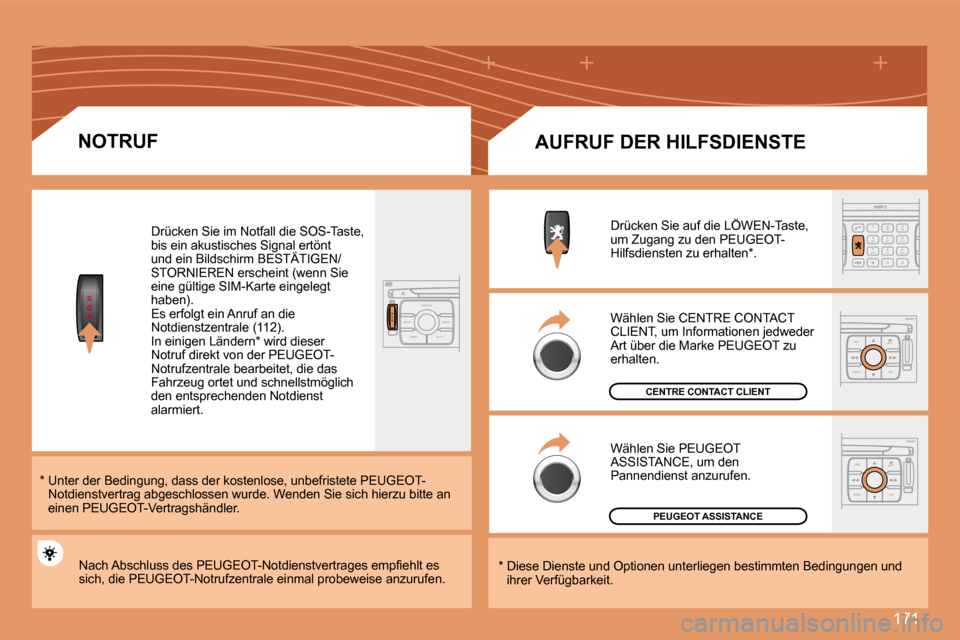 Peugeot 207 CC 2007.5  Betriebsanleitung (in German) 171
S
O
SS
O SSOURCE
MODE BAND TPT
A  Y
DARK
2
abc
5
jkl
8
tuv 3
def
6
mno
9
wxyz
1 4
ghi
r
7
pq s
0 #
ESC
MENU LIST
ESC
MENU LIST
NOTRUF
Drücken Sie im Notfall die SOS-Taste,  
bis ein akustisches S