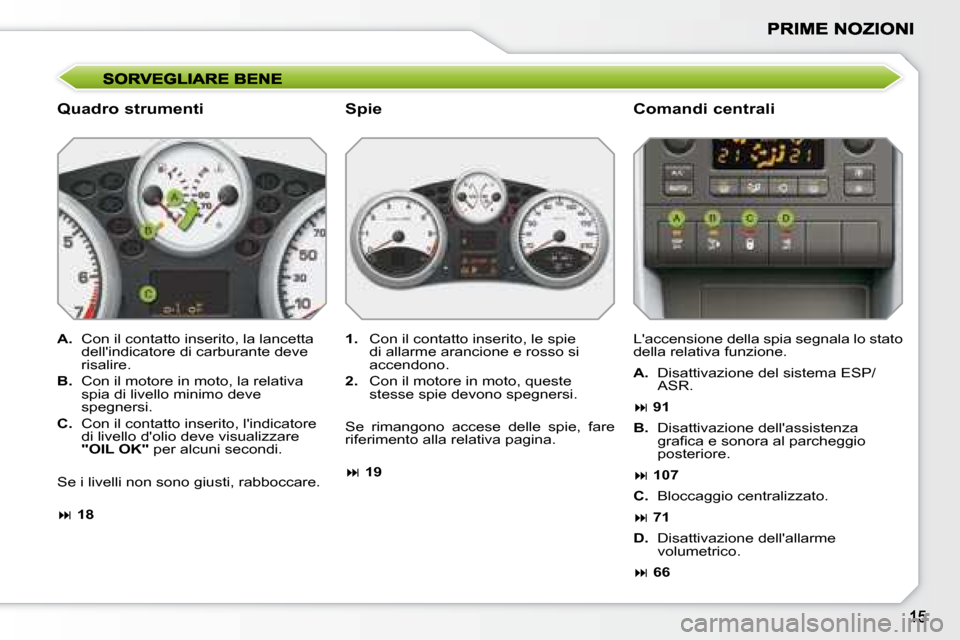 Peugeot 207 CC 2007.5  Manuale del proprietario (in Italian)   Quadro strumenti   Comandi centrali 
  
A.    Con il contatto inserito, la lancetta 
dellindicatore di carburante deve  
risalire. 
  
B.    Con il motore in moto, la relativa 
spia di livello mini