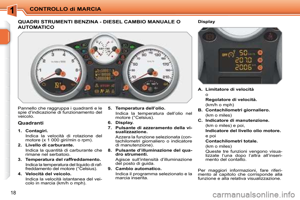 Peugeot 207 CC 2007.5  Manuale del proprietario (in Italian) CONTROLLO di MARCIA
18
                       QUADRI STRUMENTI BENZINA - DIESEL CAMBIO MANUALE O 
AUTOMATICO 
 Pannello che raggruppa i quadranti e le  
spie d’indicazione di funzionamento del 
veic