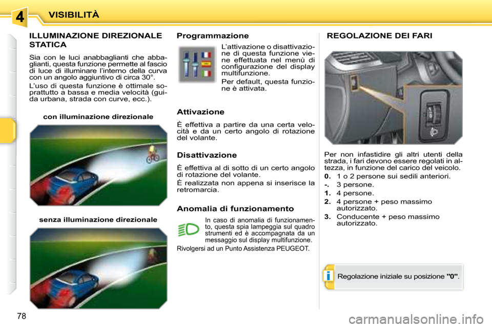 Peugeot 207 CC 2007.5  Manuale del proprietario (in Italian) i
VISIBILITÀ
78
       ILLUMINAZIONE DIREZIONALE 
STATICA 
 Sia  con  le  luci  anabbaglianti  che  abba- 
glianti, questa funzione permette al fascio 
di  luce  di  illuminare  l’interno  della  c
