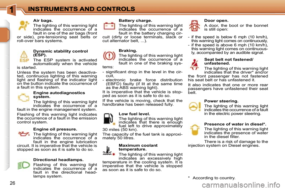 Peugeot 207 CC 2007  Owners Manual �2�6
�A�i�r� �b�a�g�s�.
�T�h�e� �l�i�g�h�t�i�n�g� �o�f� �t�h�i�s� �w�a�r�n�i�n�g� �l�i�g�h�t� �i�n�d�i�c�a�t�e�s�  �t�h�e�  �o�c�c�u�r�r�e�n�c�e�  �o�f�  �a� �f�a�u�l�t� �i�n� �o�n�e� �o�f� �t�h�e� �a