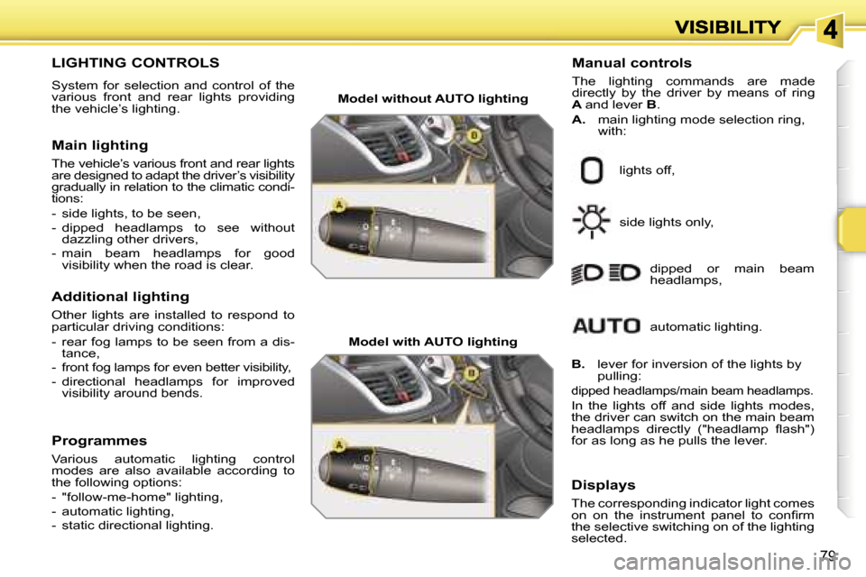 Peugeot 207 CC 2007  Owners Manual �7�9
�L�I�G�H�T�I�N�G� �C�O�N�T�R�O�L�S� 
�S�y�s�t�e�m�  �f�o�r�  �s�e�l�e�c�t�i�o�n�  �a�n�d�  �c�o�n�t�r�o�l�  �o�f�  �t�h�e� �v�a�r�i�o�u�s�  �f�r�o�n�t�  �a�n�d�  �r�e�a�r�  �l�i�g�h�t�s�  �p�r�o�