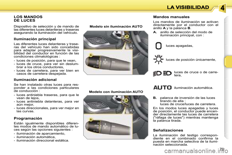 Peugeot 207 CC 2007  Manual del propietario (in Spanish) �7�9
�L�O�S� �M�A�N�D�O�S 
�D�E� �L�U�C�E�S� 
�D�i�s�p�o�s�i�t�i�v�o� �d�e� �s�e�l�e�c�c�i�ó�n� �y� �d�e� �m�a�n�d�o� �d�e� �l�a�s� �d�i�f�e�r�e�n�t�e�s� �l�u�c�e�s� �d�e�l�a�n�t�e�r�a�s� �y� �t�r�a�