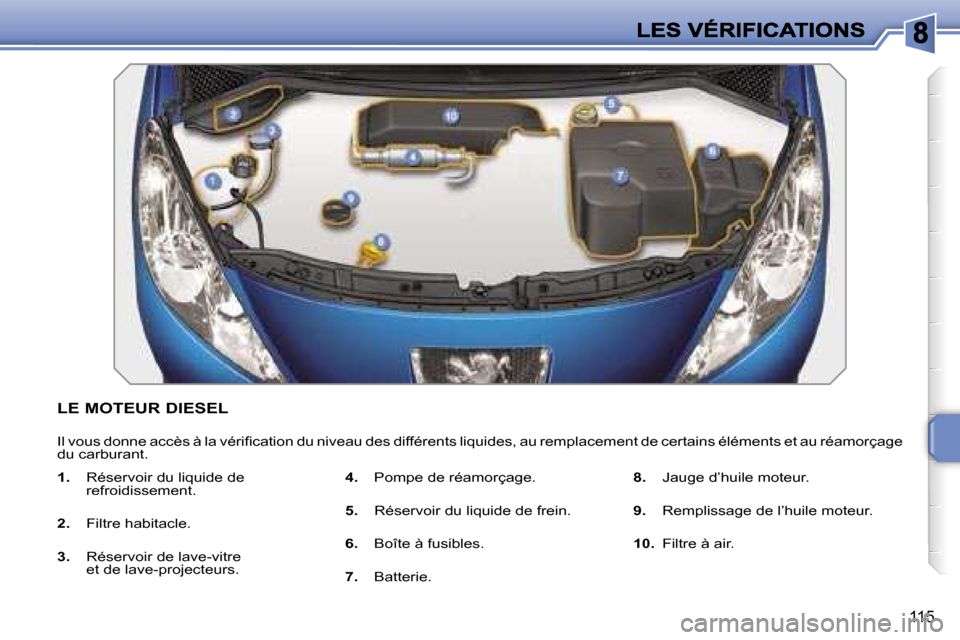 Peugeot 207 CC 2007  Manuel du propriétaire (in French) �1�1�5
�L�E� �M�O�T�E�U�R� �D�I�E�S�E�L
�I�l� �v�o�u�s� �d�o�n�n�e� �a�c�c�è�s� �à� �l�a� �v�é�r�i�ﬁ�c�a�t�i�o�n� �d�u� �n�i�v�e�a�u� �d�e�s� �d�i�f�f�é�r�e�n�t�s� �l�i�q�u�i�d�e�s�,� �a�u� �r�e