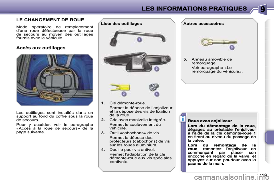 Peugeot 207 CC 2007  Manuel du propriétaire (in French) �i
�1�1�9
�L�E� �C�H�A�N�G�E�M�E�N�T� �D�E� �R�O�U�E
�M�o�d�e�  �o�p�é�r�a�t�o�i�r�e�  �d�e�  �r�e�m�p�l�a�c�e�m�e�n�t� �d�’�u�n�e�  �r�o�u�e�  �d�é�f�e�c�t�u�e�u�s�e�  �p�a�r�  �l�a�  �r�o�u�e� �