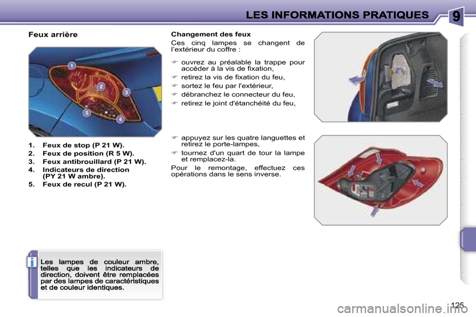 Peugeot 207 CC 2007  Manuel du propriétaire (in French) �i
�1�2�5
�F�e�u�x� �a�r�r�i�è�r�e
�1�.�  �F�e�u�x� �d�e� �s�t�o�p� �(�P� �2�1� �W�)�.
�2�.�  �F�e�u�x� �d�e� �p�o�s�i�t�i�o�n� �(�R� �5� �W�)�.
�3�.�  �F�e�u�x� �a�n�t�i�b�r�o�u�i�l�l�a�r�d� �(�P� �