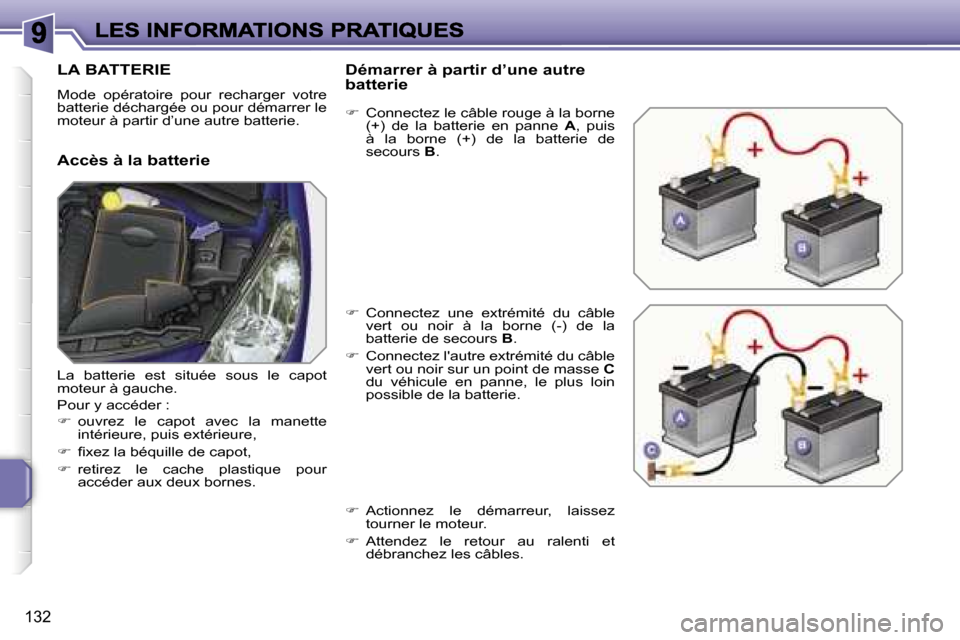 Peugeot 207 CC 2007  Manuel du propriétaire (in French) �1�3�2
�L�A� �B�A�T�T�E�R�I�E
�M�o�d�e�  �o�p�é�r�a�t�o�i�r�e�  �p�o�u�r�  �r�e�c�h�a�r�g�e�r�  �v�o�t�r�e� �b�a�t�t�e�r�i�e� �d�é�c�h�a�r�g�é�e� �o�u� �p�o�u�r� �d�é�m�a�r�r�e�r� �l�e� �m�o�t�e�u