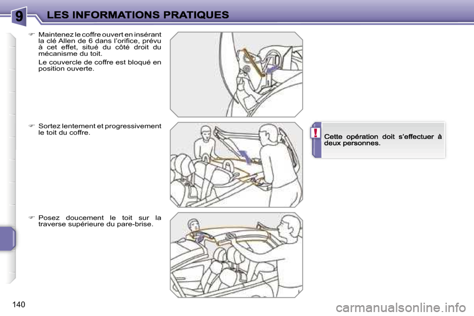 Peugeot 207 CC 2007  Manuel du propriétaire (in French) �!
�1�4�0
��  �M�a�i�n�t�e�n�e�z� �l�e� �c�o�f�f�r�e� �o�u�v�e�r�t� �e�n� �i�n�s�é�r�a�n�t� �l�a� �c�l�é� �A�l�l�e�n� �d�e� �6� �d�a�n�s� �l�’�o�r�i�ﬁ�c�e�,� �p�r�é�v�u� �à�  �c�e�t�  �e�f�