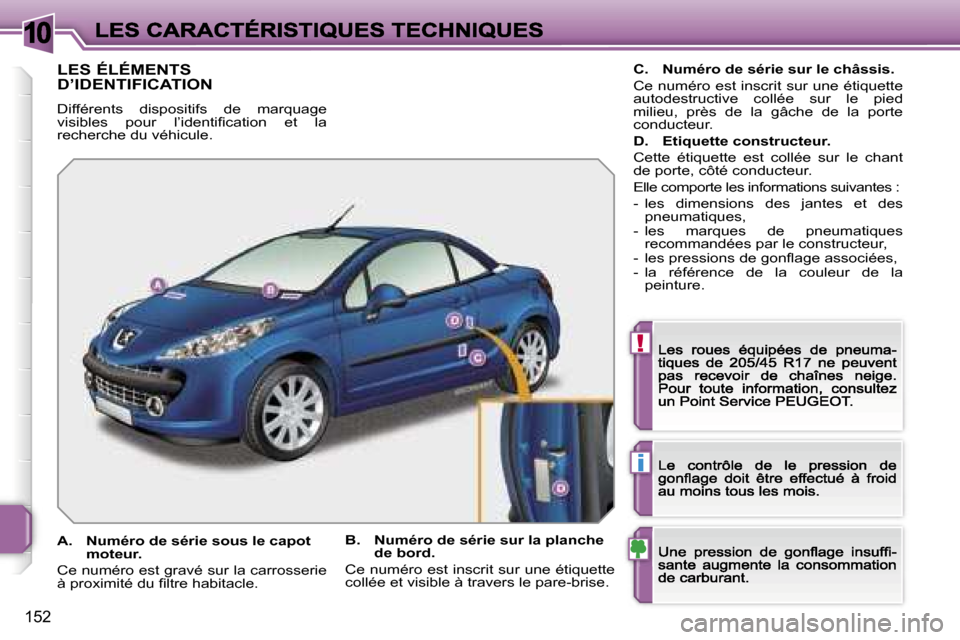 Peugeot 207 CC 2007  Manuel du propriétaire (in French) �1�0
�!
�i
�1�5�2
�L�E�S� �É�L�É�M�E�N�T�S�  
�D�’�I�D�E�N�T�I�F�I�C�A�T�I�O�N
�D�i�f�f�é�r�e�n�t�s�  �d�i�s�p�o�s�i�t�i�f�s�  �d�e�  �m�a�r�q�u�a�g�e� �v�i�s�i�b�l�e�s�  �p�o�u�r�  �l�’�i�d�e�