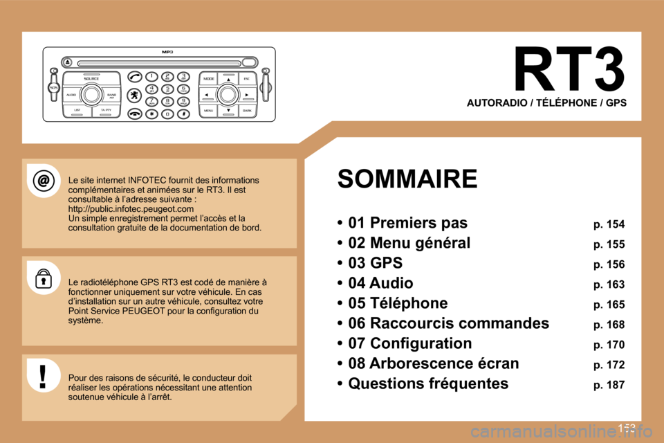Peugeot 207 CC 2007  Manuel du propriétaire (in French) �1�5�3
�R�T�3
�A�U�T�O�R�A�D�I�O� �/� �T�É�L�É�P�H�O�N�E� �/� �G�P�S
�S�O�M�M�A�I�R�E
�•�  �0�1� �P�r�e�m�i�e�r�s� �p�a�s� �p�.� �1�5�4
�•�  �0�2� �M�e�n�u� �g�é�n�é�r�a�l� �p�.� �1�5�5
�•� 