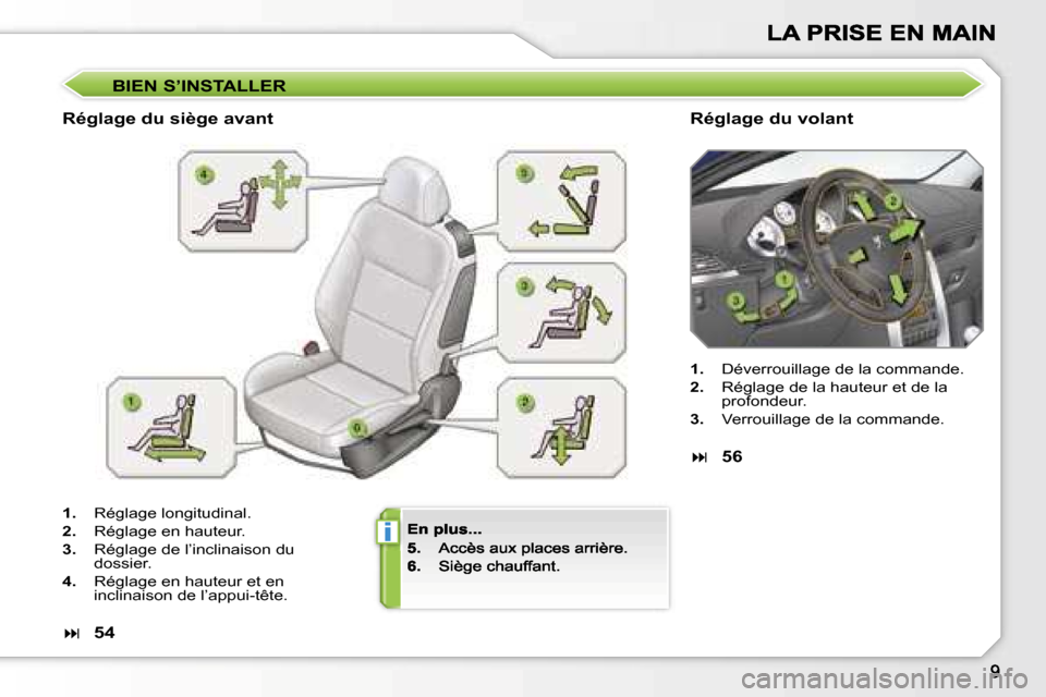 Peugeot 207 CC 2007  Manuel du propriétaire (in French) �i
�B�I�E�N� �S�’�I�N�S�T�A�L�L�E�R
�R�é�g�l�a�g�e� �d�u� �s�i�è�g�e� �a�v�a�n�t�R�é�g�l�a�g�e� �d�u� �v�o�l�a�n�t
�1�.�  �R�é�g�l�a�g�e� �l�o�n�g�i�t�u�d�i�n�a�l�.
�2�.�  �R�é�g�l�a�g�e� �e�n�