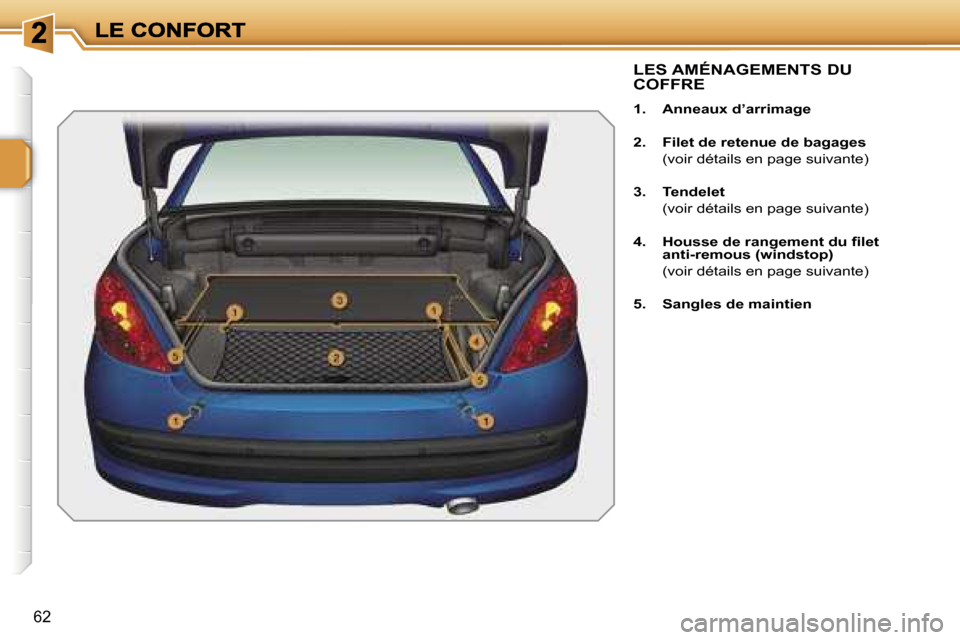 Peugeot 207 CC 2007  Manuel du propriétaire (in French) �6�2
�L�E�S� �A�M�É�N�A�G�E�M�E�N�T�S� �D�U�  
�C�O�F�F�R�E
�1�.�  �A�n�n�e�a�u�x� �d�’�a�r�r�i�m�a�g�e
�2�.�  �F�i�l�e�t� �d�e� �r�e�t�e�n�u�e� �d�e� �b�a�g�a�g�e�s
�  �(�v�o�i�r� �d�é�t�a�i�l�s�