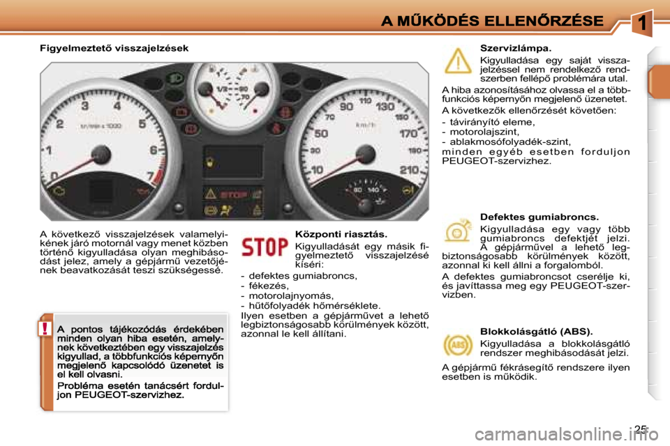 Peugeot 207 CC 2007  Kezelési útmutató (in Hungarian) �!
�2�5
�A�  �k�ö�v�e�t�k�e�z5�  �v�i�s�s�z�a�j�e�l�z�é�s�e�k�  �v�a�l�a�m�e�l�y�i�-�k�é�n�e�k� �j�á�r�ó� �m�o�t�o�r�n�á�l� �v�a�g�y� �m�e�n�e�t� �k�ö�z�b�e�n� �t�ö�r�t�é�n5�  �k�i�g�y�u�l�