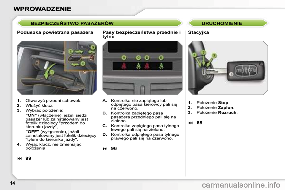 Peugeot 207 CC 2007  Instrukcja Obsługi (in Polish) �B�E�Z�P�I�E�C�Z�E0�S�T�W�O� �P�A�S�AF�E�R�Ó�W
�P�o�d�u�s�z�k�a� �p�o�w�i�e�t�r�z�n�a� �p�a�s�aG�e�r�a�S�t�a�c�y�j�k�a
�1�.�  �O�t�w�o�r�z�y�ć� �p�r�z�e�d�n�i� �s�c�h�o�w�e�k�.
�2�.�  �W�ł�oG�y