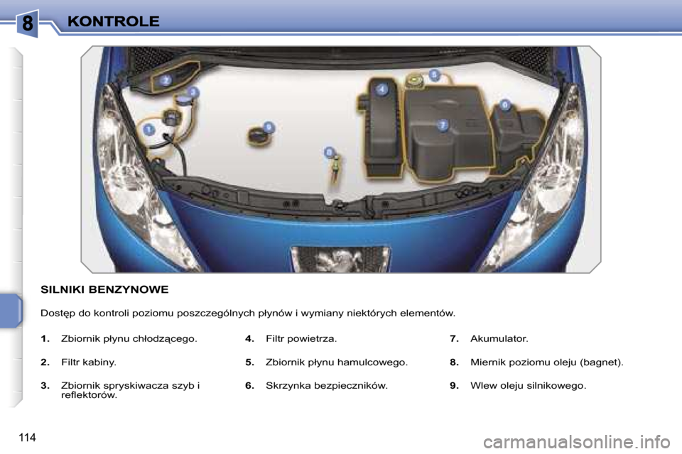 Peugeot 207 CC 2007  Instrukcja Obsługi (in Polish) �1�1�4
�S�I�L�N�I�K�I� �B�E�N�Z�Y�N�O�W�E
�D�o�s�t
�p� �d�o� �k�o�n�t�r�o�l�i� �p�o�z�i�o�m�u� �p�o�s�z�c�z�e�g�ó�l�n�y�c�h� �p�ł�y�n�ó�w� �i� �w�y�m�i�a�n�y� �n�i�e�k�t�ó�r�y�c�h� �e�l�e�m�e�n�t