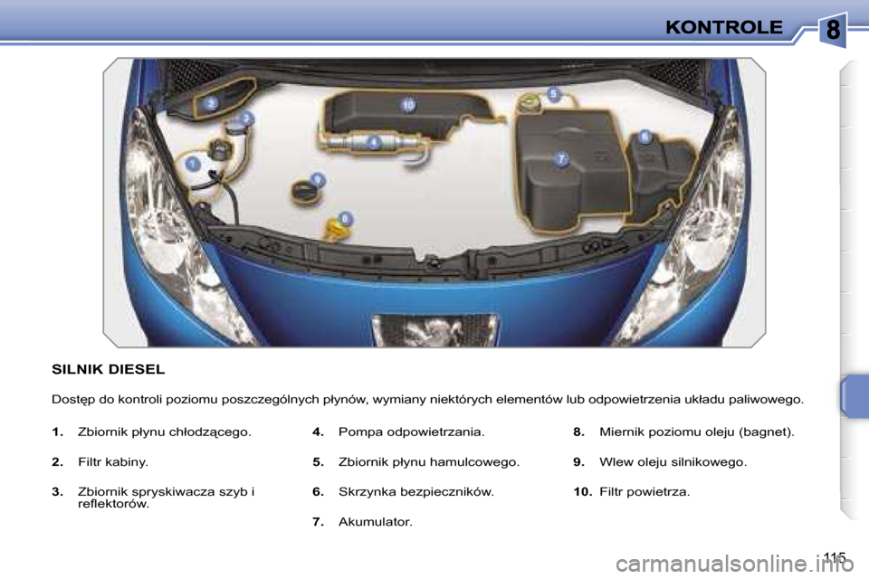Peugeot 207 CC 2007  Instrukcja Obsługi (in Polish) �1�1�5
�S�I�L�N�I�K� �D�I�E�S�E�L
�D�o�s�t
�p� �d�o� �k�o�n�t�r�o�l�i� �p�o�z�i�o�m�u� �p�o�s�z�c�z�e�g�ó�l�n�y�c�h� �p�ł�y�n�ó�w�,� �w�y�m�i�a�n�y� �n�i�e�k�t�ó�r�y�c�h� �e�l�e�m�e�n�t�ó�w� �l�