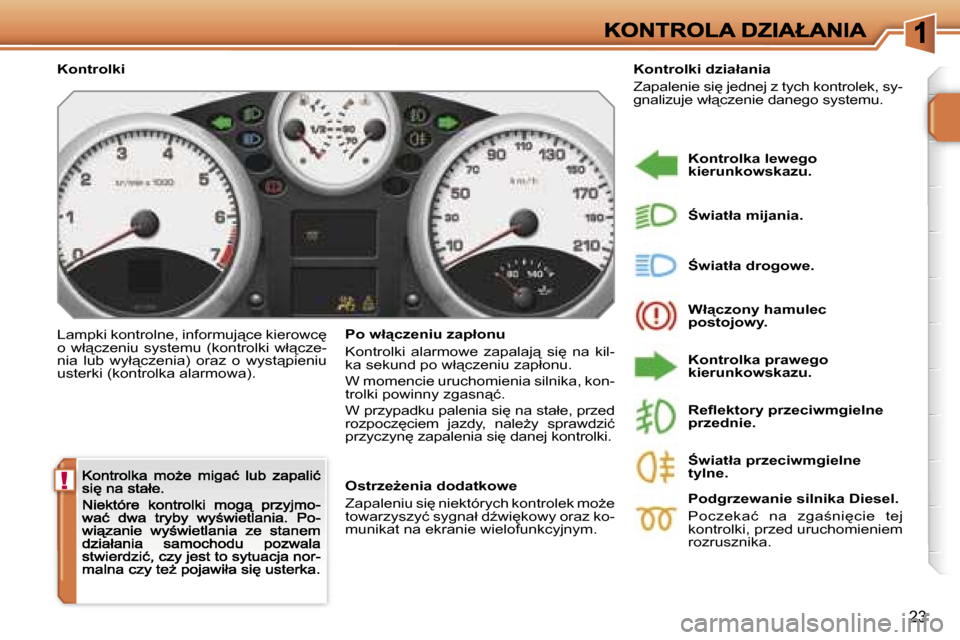 Peugeot 207 CC 2007  Instrukcja Obsługi (in Polish) �!
�2�3
�K�o�n�t�r�o�l�k�i
�L�a�m�p�k�i� �k�o�n�t�r�o�l�n�e�,� �i�n�f�o�r�m�u�j"�c�e� �k�i�e�r�o�w�c
� �o� �w�ł"�c�z�e�n�i�u� �s�y�s�t�e�m�u� �(�k�o�n�t�r�o�l�k�i� �w�ł"�c�z�e�-�n�i�a�  �l�u�b� 