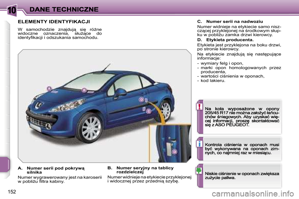 Peugeot 207 CC 2007  Instrukcja Obsługi (in Polish) �1�0
�!
�i
�1�5�2
�E�L�E�M�E�N�T�Y� �I�D�E�N�T�Y�F�I�K�A�C�J�I
�W�  �s�a�m�o�c�h�o�d�z�i�e�  �z�n�a�j�d�u�j"�  �s�i
�  �r�óG�n�e� �w�i�d�o�c�z�n�e�  �o�z�n�a�c�z�e�n�i�a�,�  �s�ł�uG"�c�e�  �d�o
