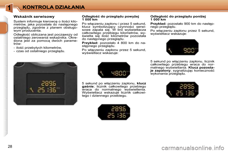 Peugeot 207 CC 2007  Instrukcja Obsługi (in Polish) �2�8
�W�s�k�aE�n�i�k� �s�e�r�w�i�s�o�w�y
�S�y�s�t�e�m� �i�n�f�o�r�m�u�j�e� �k�i�e�r�o�w�c
� �o� �i�l�o;�c�i� �k�i�l�o�-�m�e�t�r�ó�w�,�  �j�a�k�a�  �p�o�z�o�s�t�a�ł�a�  �d�o�  �n�a�s�t
�p�n�e�g�o