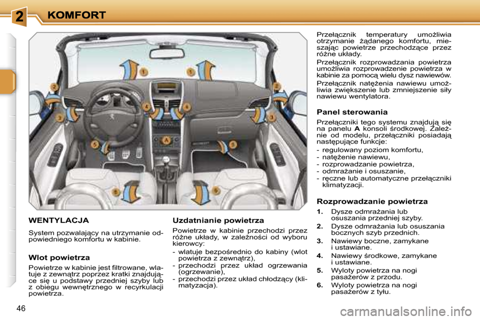 Peugeot 207 CC 2007  Instrukcja Obsługi (in Polish) �4�6
�W�E�N�T�Y�L�A�C�J�A
�S�y�s�t�e�m� �p�o�z�w�a�l�a�j"�c�y� �n�a� �u�t�r�z�y�m�a�n�i�e� �o�d�-�p�o�w�i�e�d�n�i�e�g�o� �k�o�m�f�o�r�t�u� �w� �k�a�b�i�n�i�e�.
�U�z�d�a�t�n�i�a�n�i�e� �p�o�w�i�e�t�r�