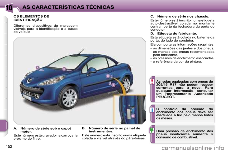 Peugeot 207 CC 2007  Manual do proprietário (in Portuguese) �1�0
�!
�i
�1�5�2
�O�S� �E�L�E�M�E�N�T�O�S� �D�E�  
�I�D�E�N�T�I�F�I�C�A�Ç�Ã�O
�D�i�f�e�r�e�n�t�e�s�  �d�i�s�p�o�s�i�t�i�v�o�s�  �d�e�  �m�a�r�c�a�g�e�m� �v�i�s�í�v�e�i�s�  �p�a�r�a�  �a�  �i�d�e�n