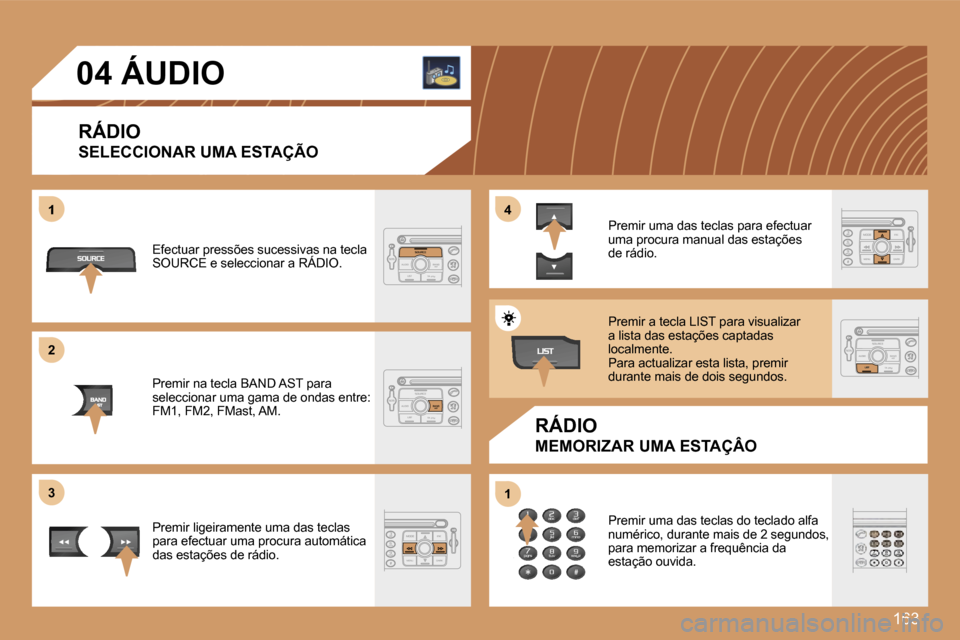 Peugeot 207 CC 2007  Manual do proprietário (in Portuguese) �1�6�3
�1
�2�2
�3�3
�4�4
�1�1
�0�4� �Á�U�D�I�O
�R�Á�D�I�O
�S�E�L�E�C�C�I�O�N�A�R� �U�M�A� �E�S�T�A�Ç�Ã�O
�R�Á�D�I�O
�M�E�M�O�R�I�Z�A�R� �U�M�A� �E�S�T�A�Ç�Â�O
�E�f�e�c�t�u�a�r� �p�r�e�s�s�õ�e�
