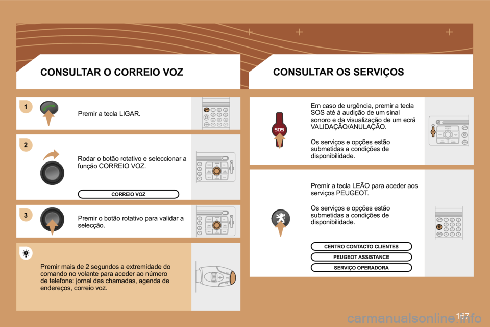 Peugeot 207 CC 2007  Manual do proprietário (in Portuguese) �1�6�7
�1�1
�2�2
�3�3
�R�o�d�a�r� �o� �b�o�t�ã�o� �r�o�t�a�t�i�v�o� �e� �s�e�l�e�c�c�i�o�n�a�r� �a� �f�u�n�ç�ã�o� �C�O�R�R�E�I�O� �V�O�Z�.
�P�r�e�m�i�r� �a� �t�e�c�l�a� �L�I�G�A�R�.
�P�r�e�m�i�r� �